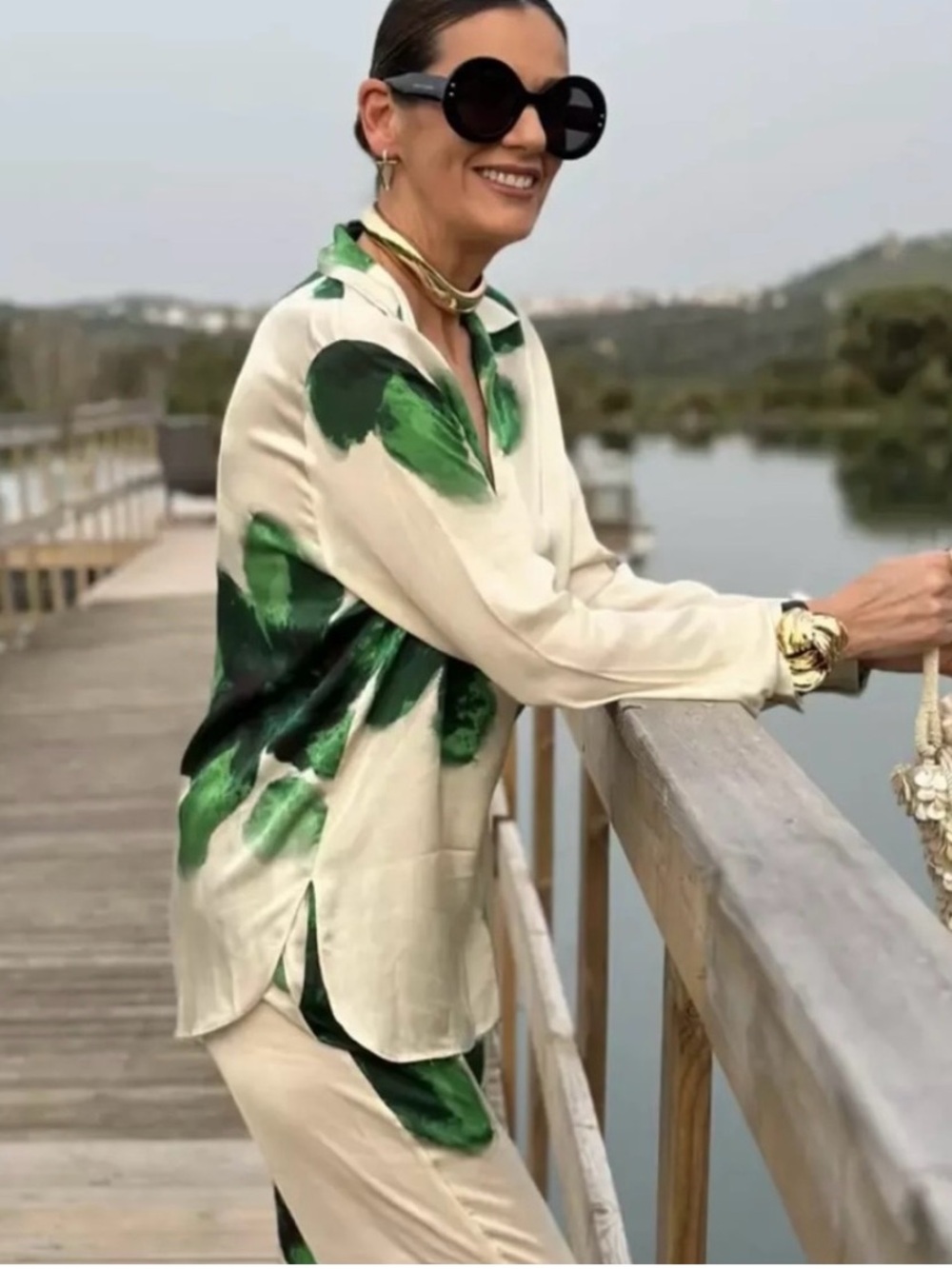 Zara Cream and Green Printed Silk Blouse .